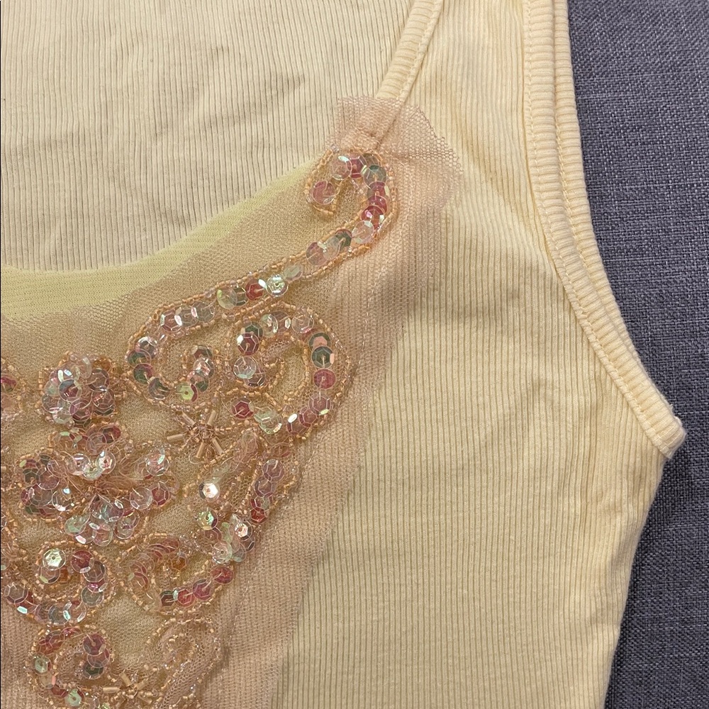 Yellow Tank Top with Gold Beaded Neckline - Picture 3 of 3